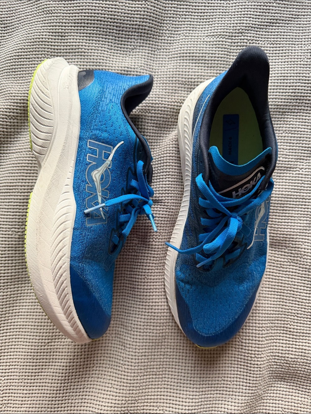 Hoka Blue Athletic Running Shoes with Neon Lime Accents